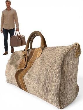 VINTAGE Tan Tweed Fabric & Suede Travel Duffle Bag Weekender